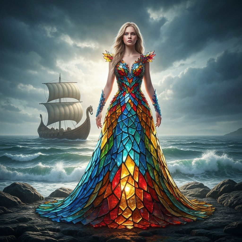 A Viking girl standing on a rocky shore, wearing a stunning dress made of multicolored glass pieces that ...  by @Elviira 
