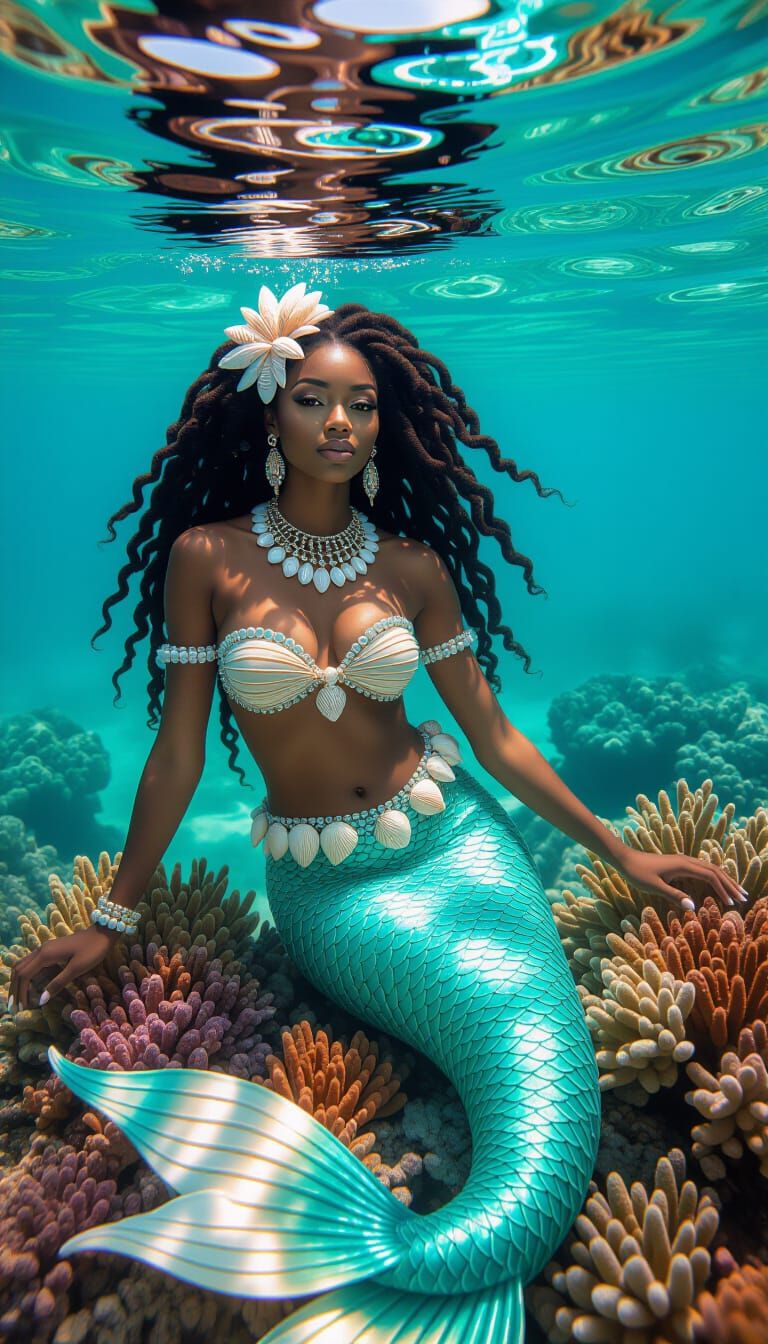 (Tropical fantasy portrait:1.4) of a radiant Afro-Caribbean mermaid, with coiled locs adorned in seashells and a (beaded net top barely cove...