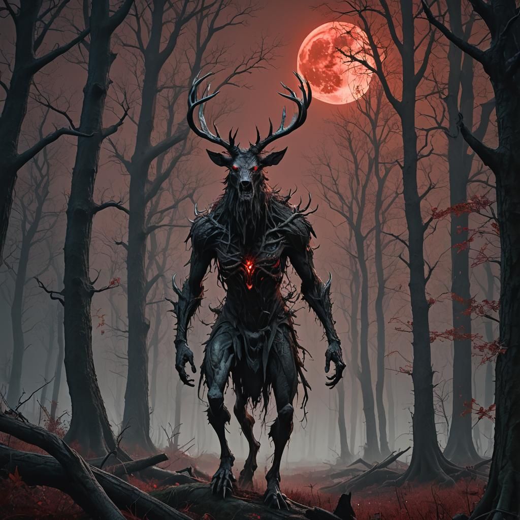 wendigo in woods under a blood moon - AI Generated Artwork - NightCafe ...