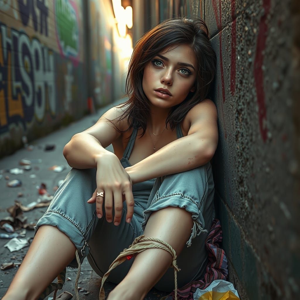 Distressed Young Woman in Urban Alleyway