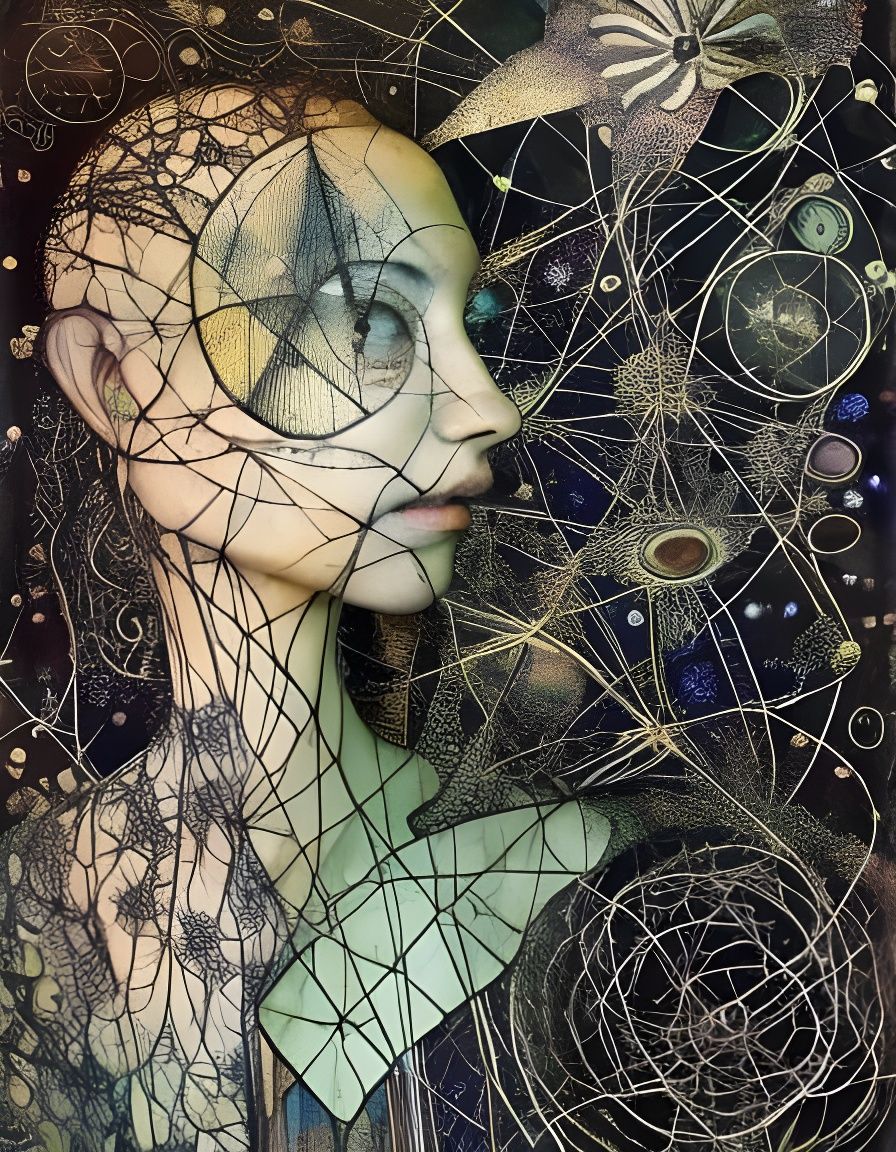 Abstract Textile Portrait with Flowers and Constellations