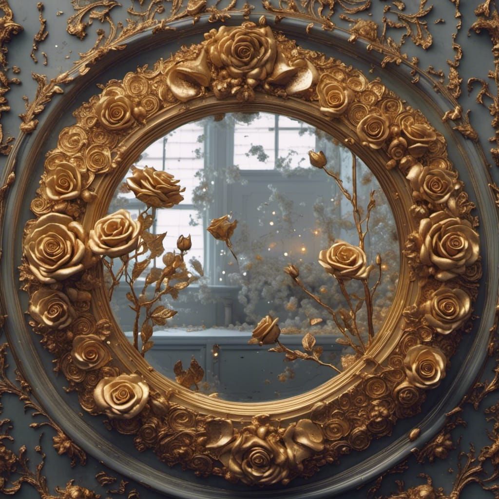 Golden Roses Reflected in Ornate Mirror