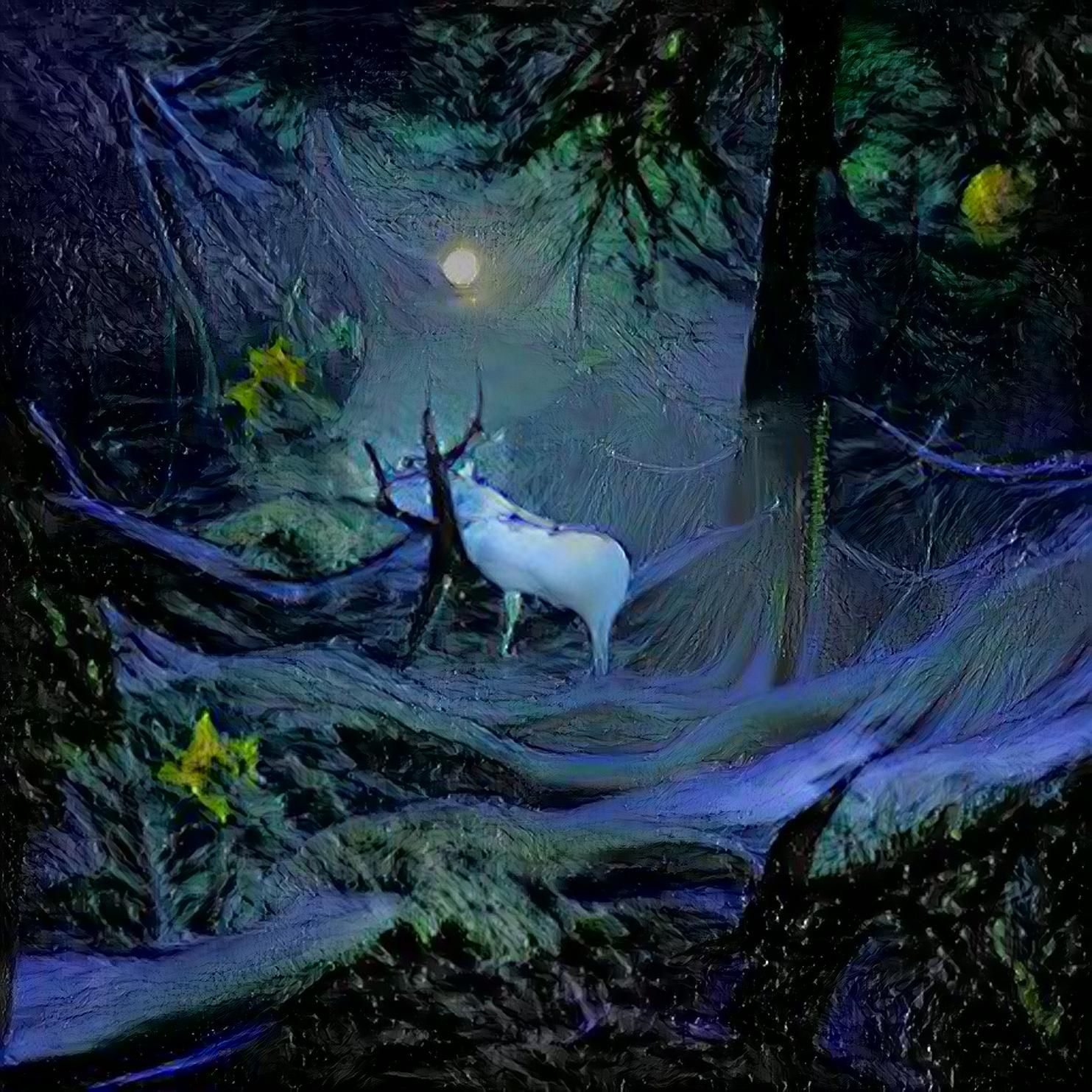 White Stag in a Moonlit Forest