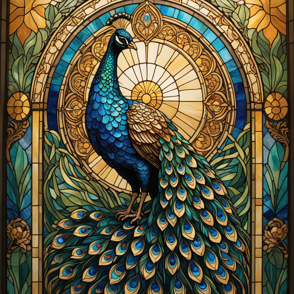 colorful peacock stained glass mural inside an art deco  building lobby  by @undefined