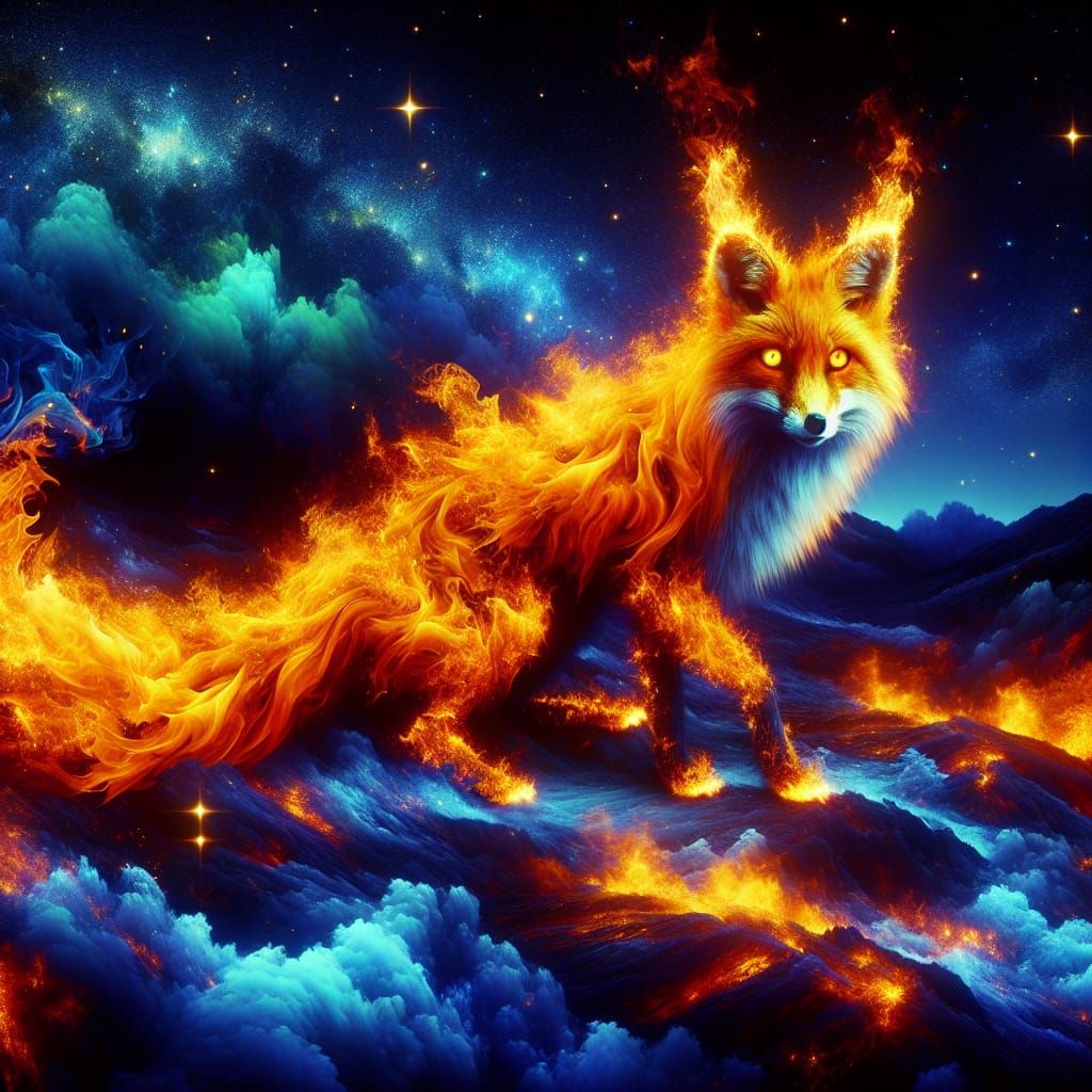 flames in the form of a fox: A blazing fox formed entirely of fiery flames, its eyes glowing like hot ...  by @CJVF