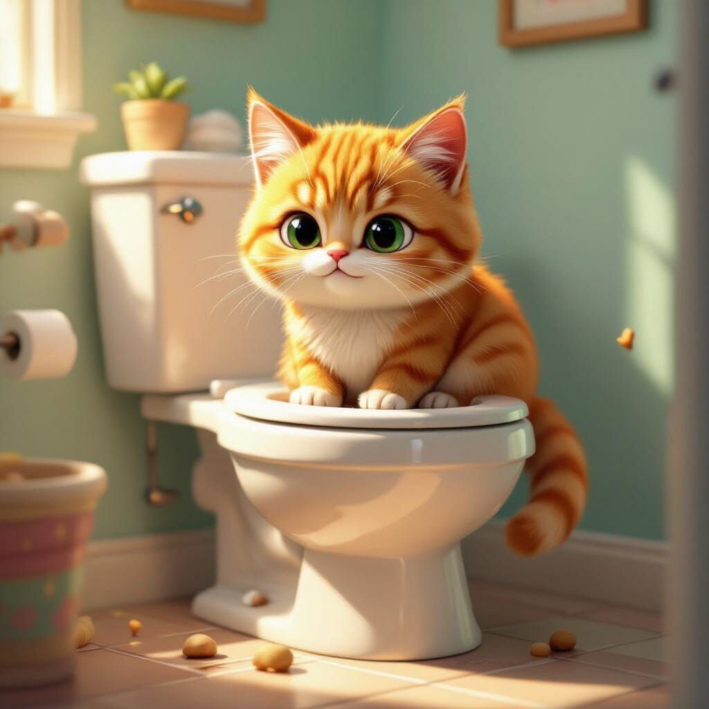 Ginger Cat Sits on Toilet in Cheerful Cartoon Style