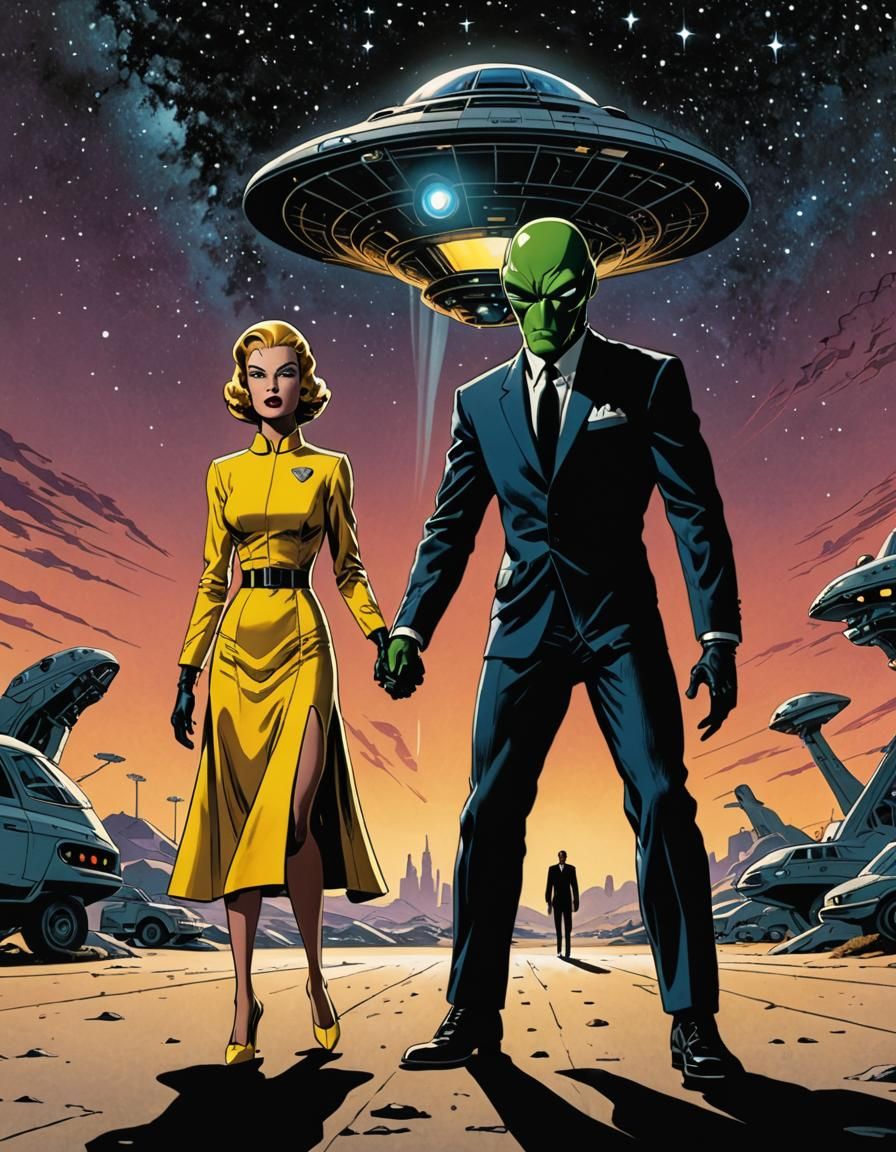 A man in a sharp suit and a woman in a flowing yellow 1950s dress both with 2 arms raised in the air, ...  by @PUZZLED