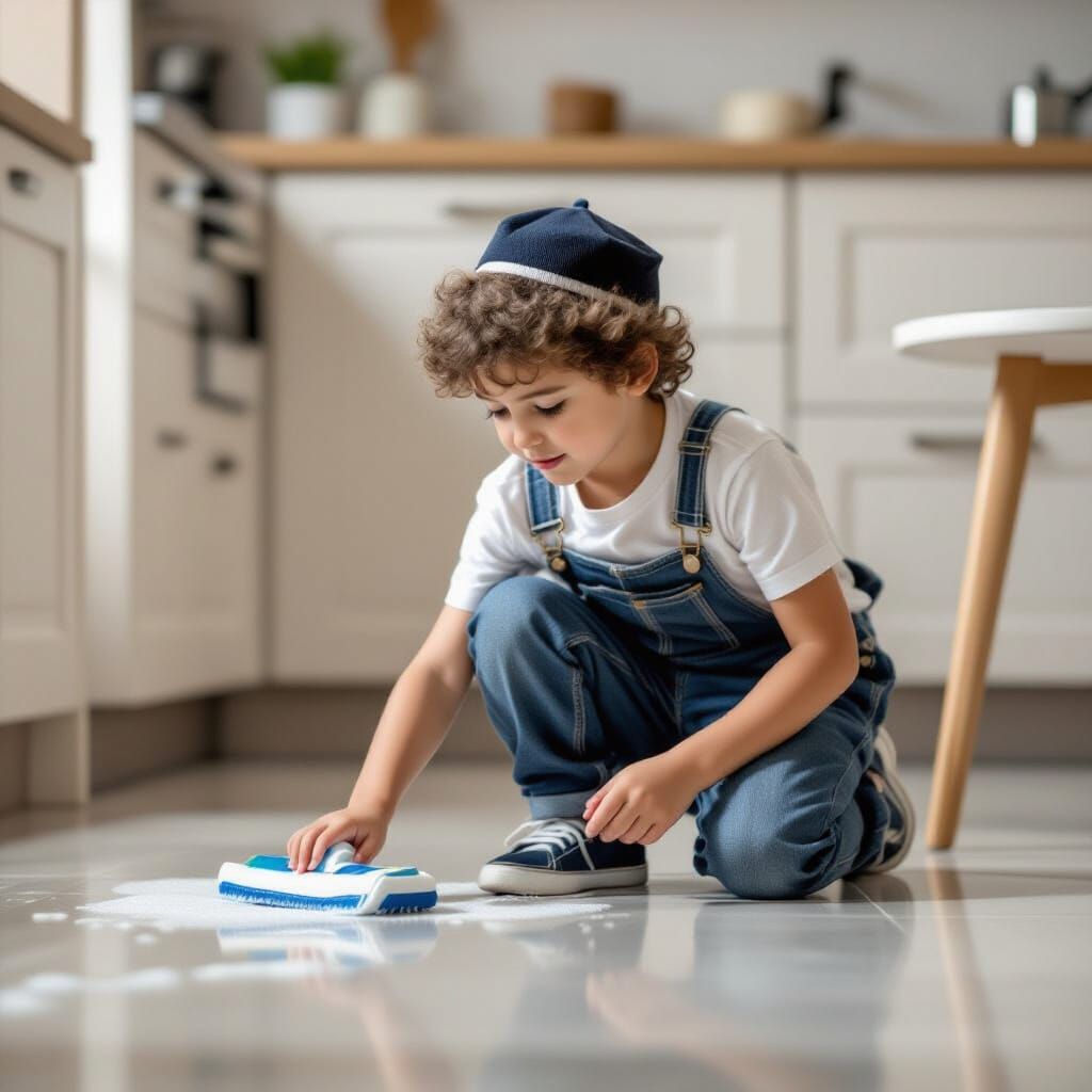 Religious Boy Cleans Floor for Shabbat