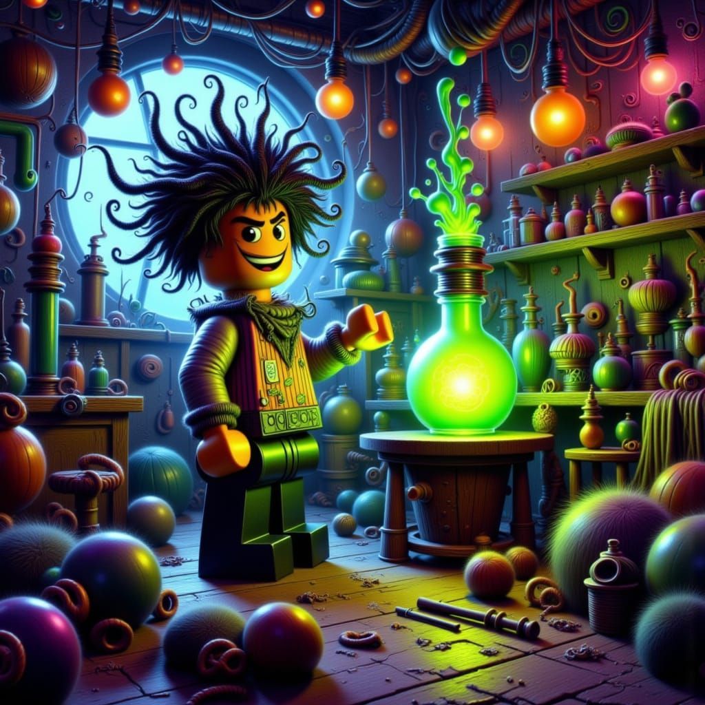 Laughing like a Maniacal Villian. A Lego minifigure scientist, hunched over a bubbling beaker in a cluttered, retro-futuristic laboratory fi...