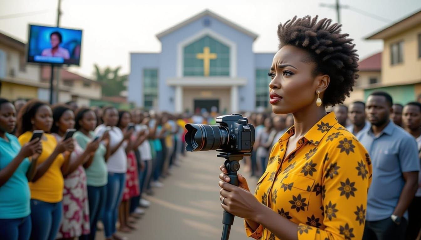Nigerian city street in front of megachurch, crowd of African adults and teens watching a live broadcast on phones and TVs, shocked and angr...