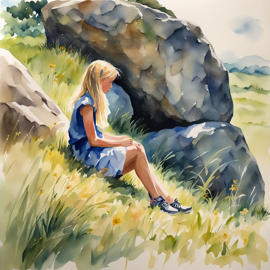 realism, impressionism, watercolor, young blonde-haired girl...