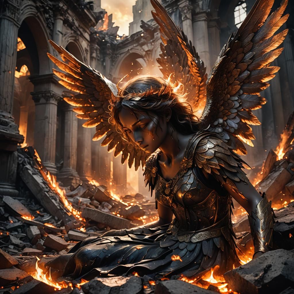 Fallen Angel in Fiery Ruins: Dark Fantasy Art
