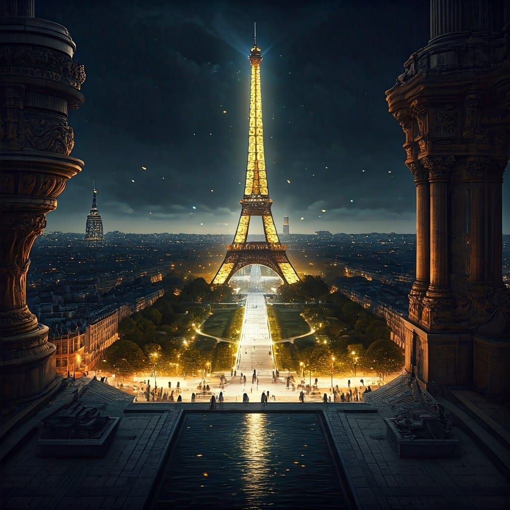 Eiffel Tower Nightscape in Digital Art Style