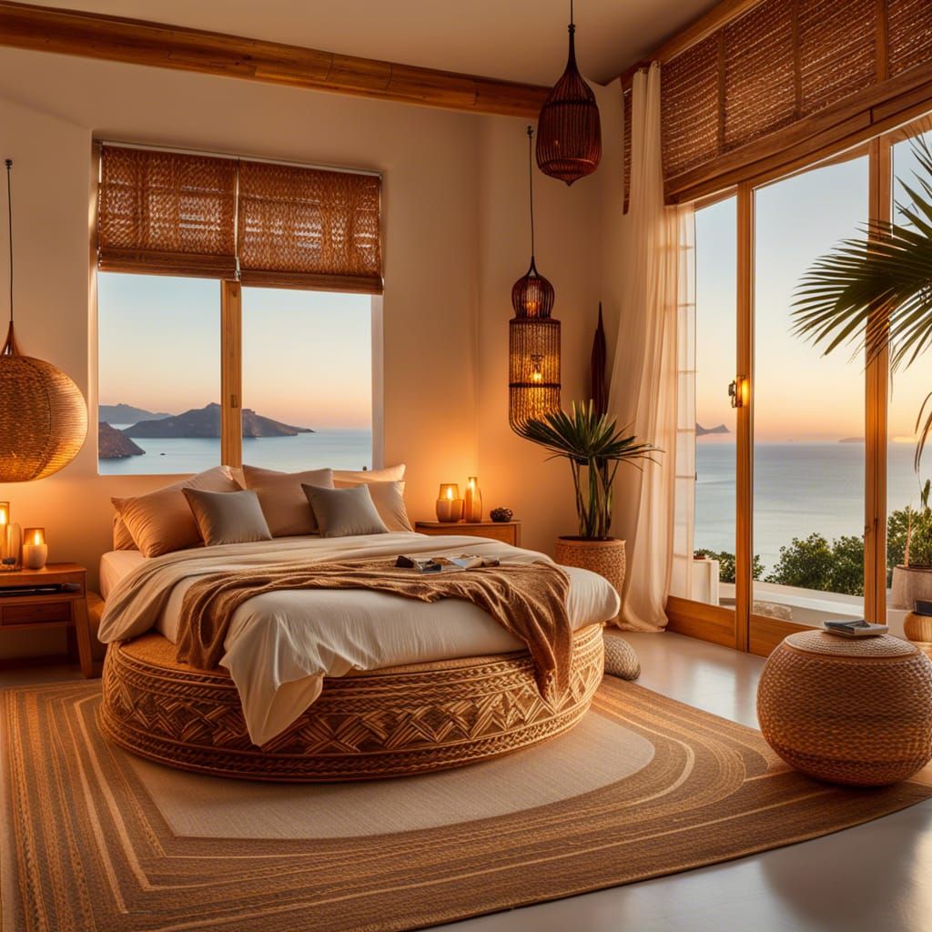 Modern Boho bedroom overlooking the greek islands  by @rraheb
