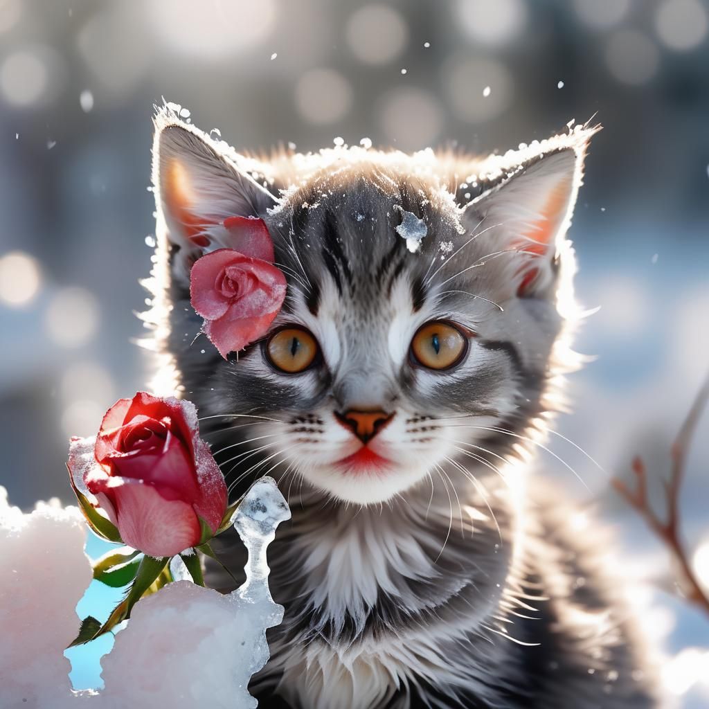 closeup on a rose placed behind a cute kitten's ear, the ros...