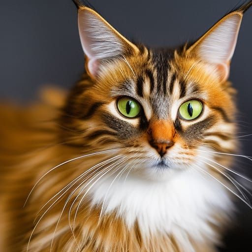 Cute Mainecoon cat, green eyes, Artwork by Jose Clemente Oro...