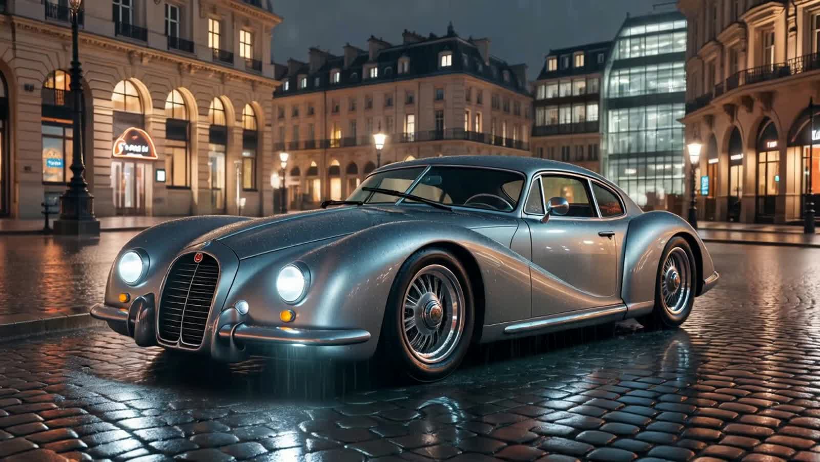 A gleaming Bugatti Type 57 Atlantic, reimagined with subtle futuristic enhancements, parked on a cobblestone street in a...