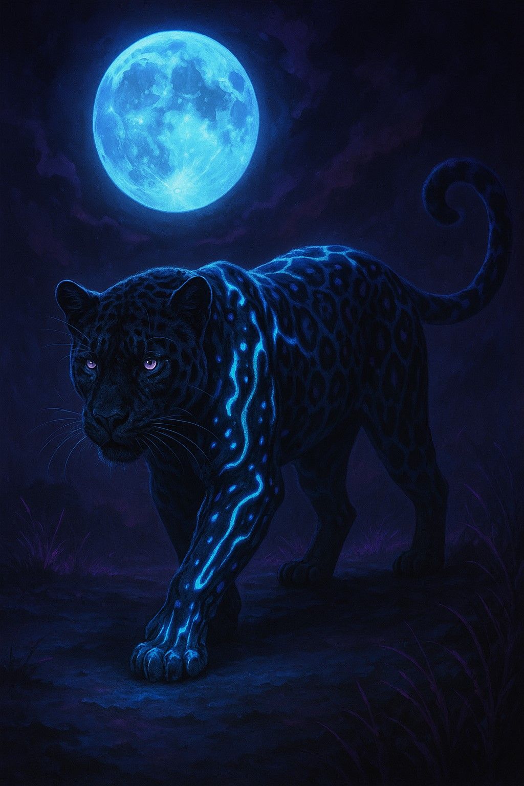 Jaguar fluorescent sous la lune