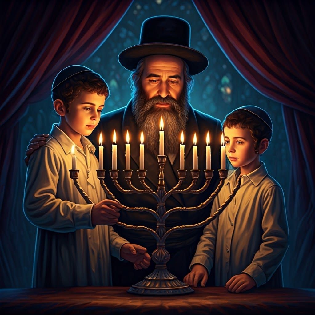 A Devout Jewish Family Lighting the Hanukkah Menorah in Trad...