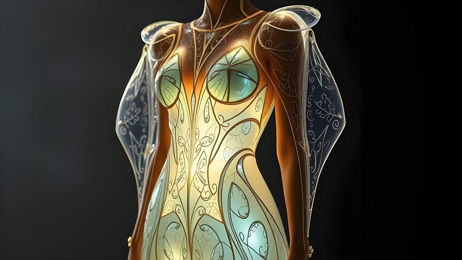 A futuristic dress made of glowing glass panels  by @masoncarr2244