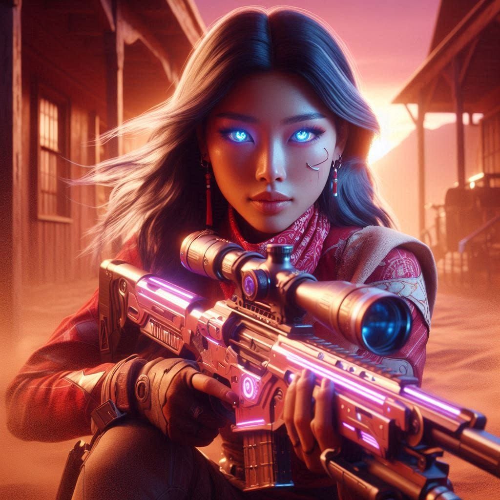 Cyberdesertpunk Shimmering Asian Sniper Cowgirl