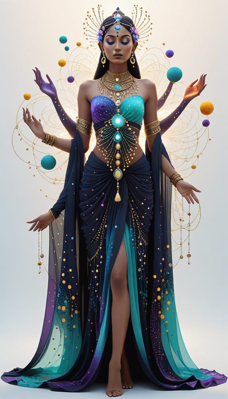 A captivating Indian witch with flowing, tangled black locks and henna-adorned hands, enveloped in a luxurious, abstract black sari that fea...