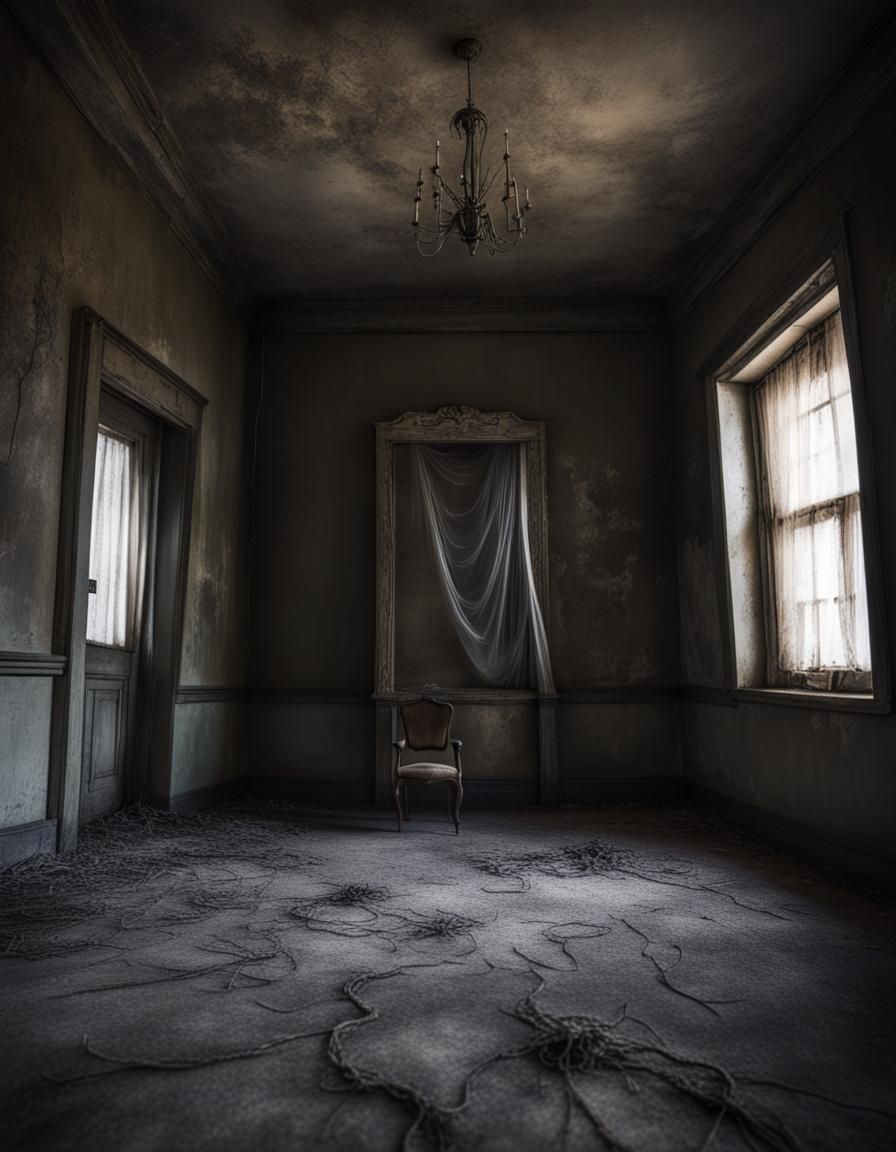 Creepy room in a creepy house, empty, eerie, dusty, cobwebs