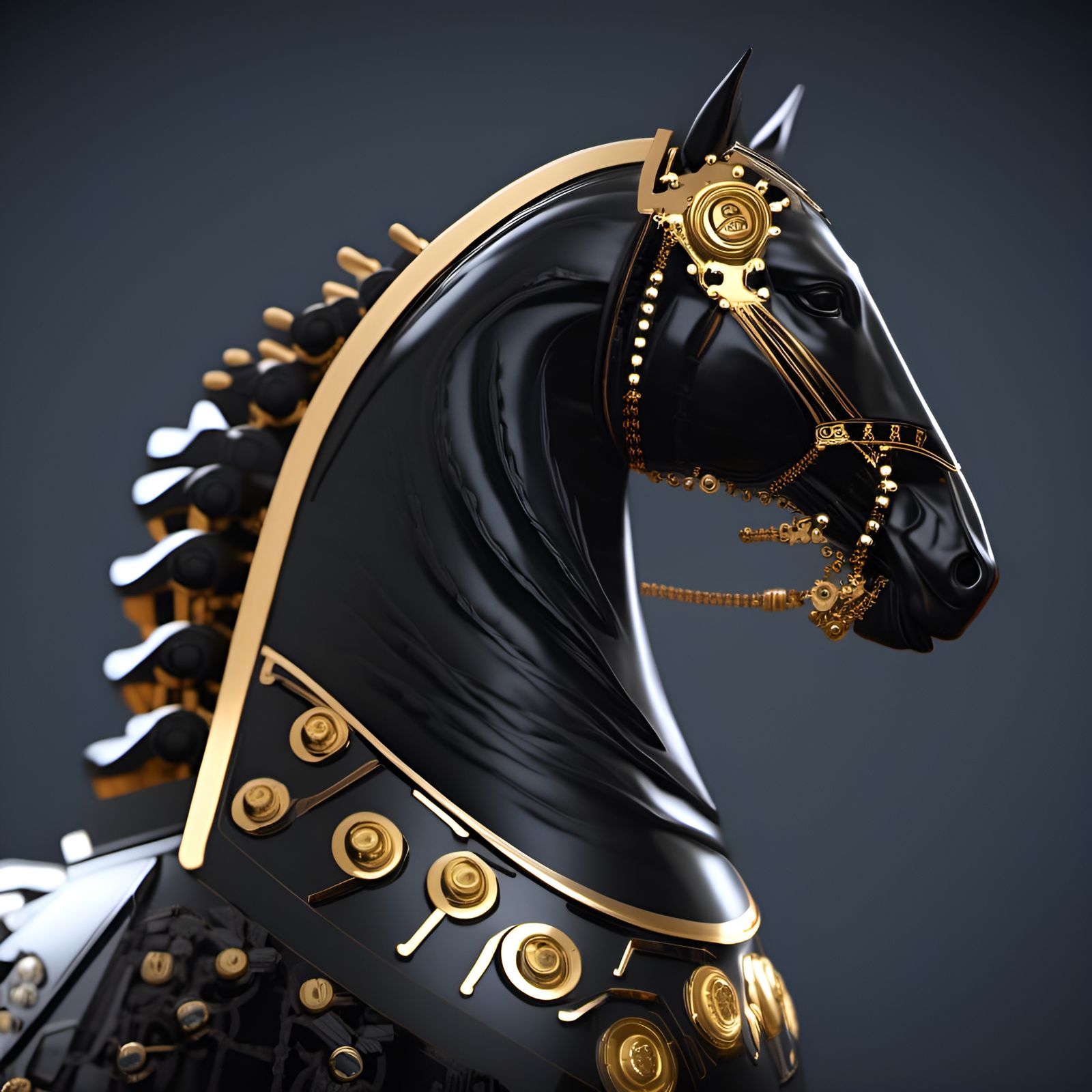 Chess knight <lora:Chess pieces:1.3>, horse head, majestic, black marble, intricate mech details, iron gears, 8K resolution, happy horse nei...