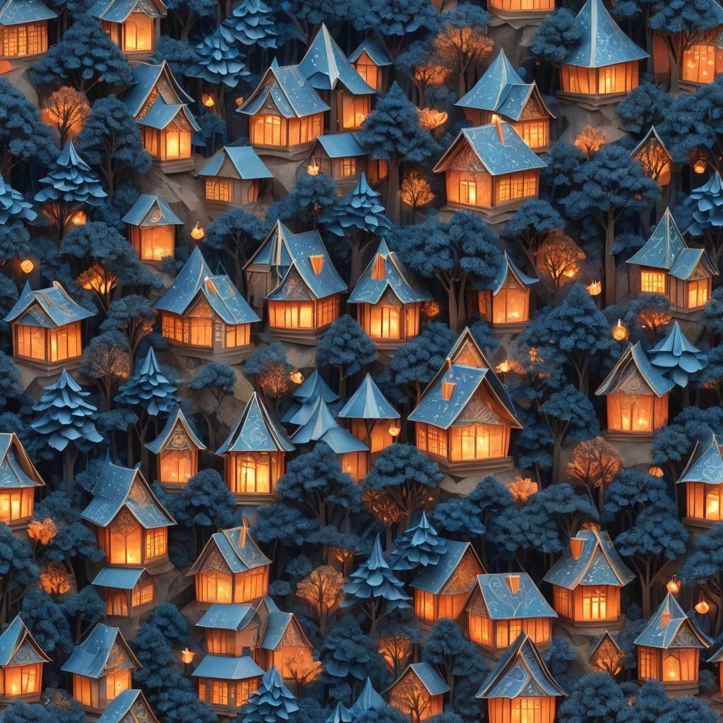 Glowing Origami House in Ethereal Forest