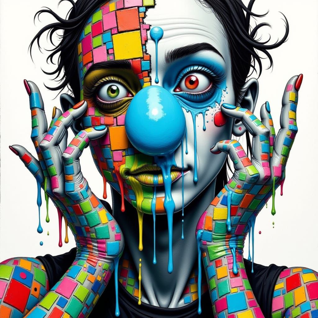 <lora:Kak-DrippingPortrait:1.0>ink illustration male creature dripping paint, distorted, geometric squares, colorful shapes, blue painted no...