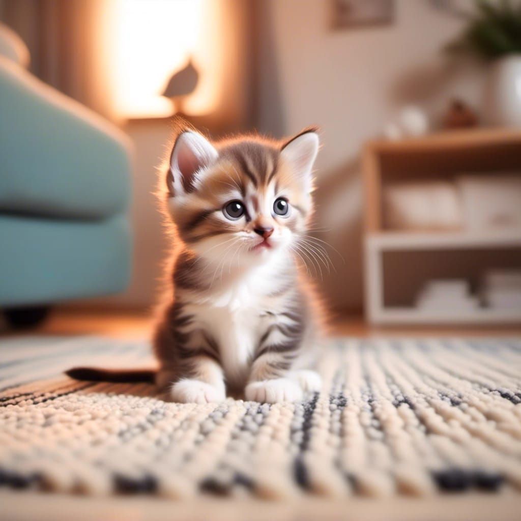 <lora:Kittencove:1.0> Cute little kitten sitting down on a rug in a living room sitting down looking up, cute boba eyes, detailed kitten, l...