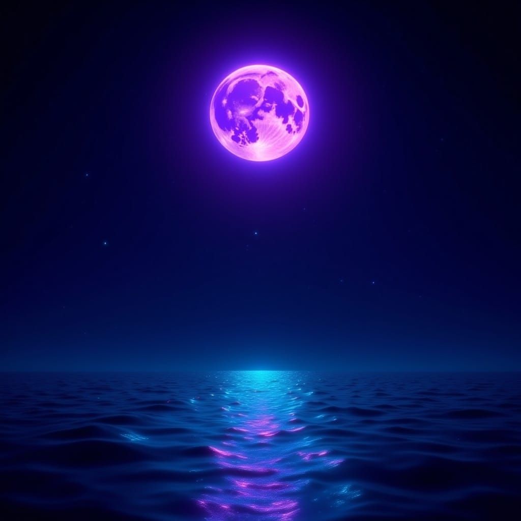 <lora:Mystical Fantasies:1.0> A purple glowing bioluminescent moon looming over a sparkling blue ocean 4K high resolution high definition in...