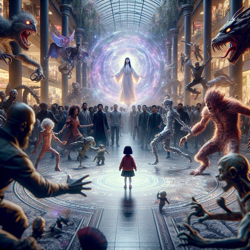 A little black girl standing alone in the middle of a mall. Surrounded by monsters and creepy figures.  With a black wom...