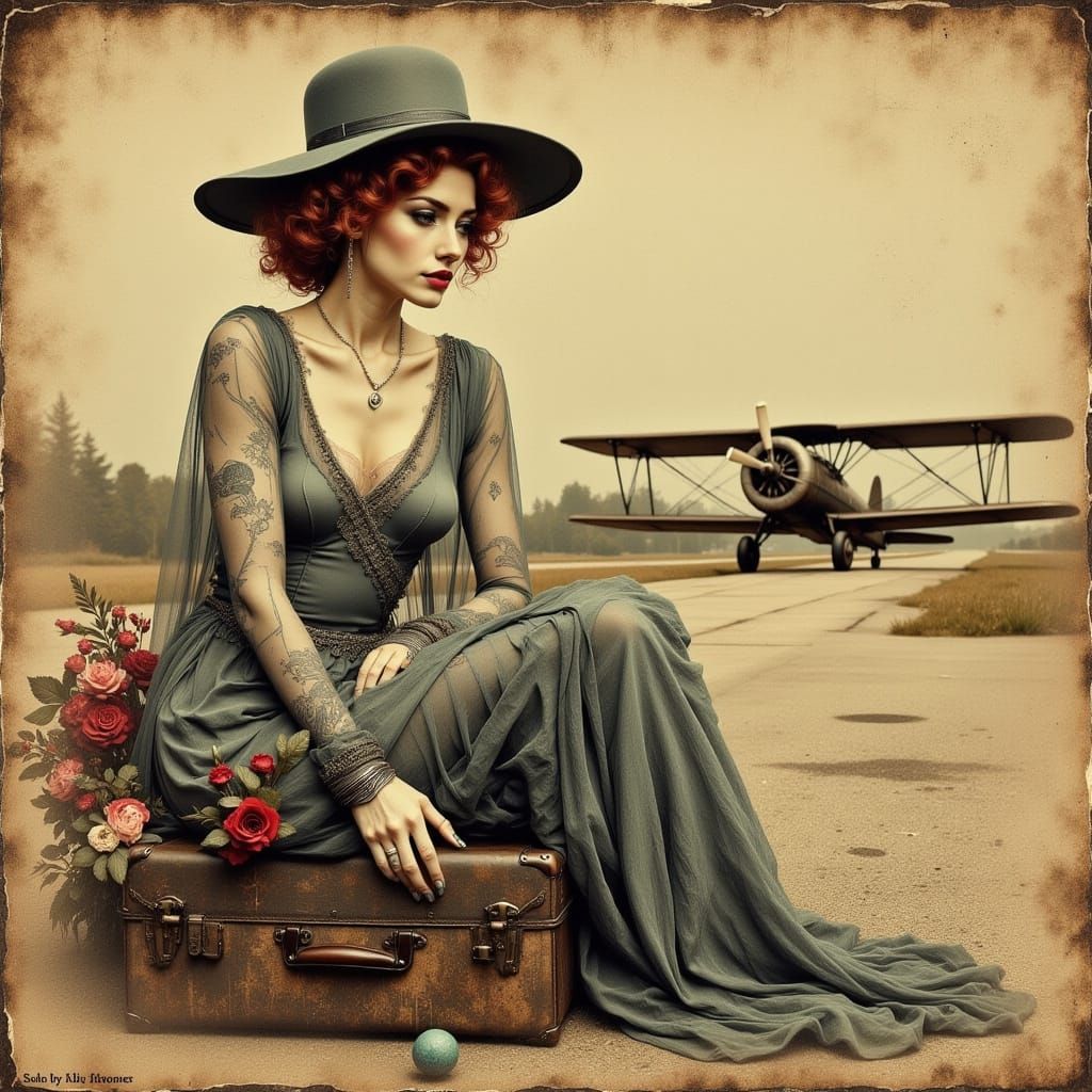 Elegant Woman with Airplane in Textured Collage Style