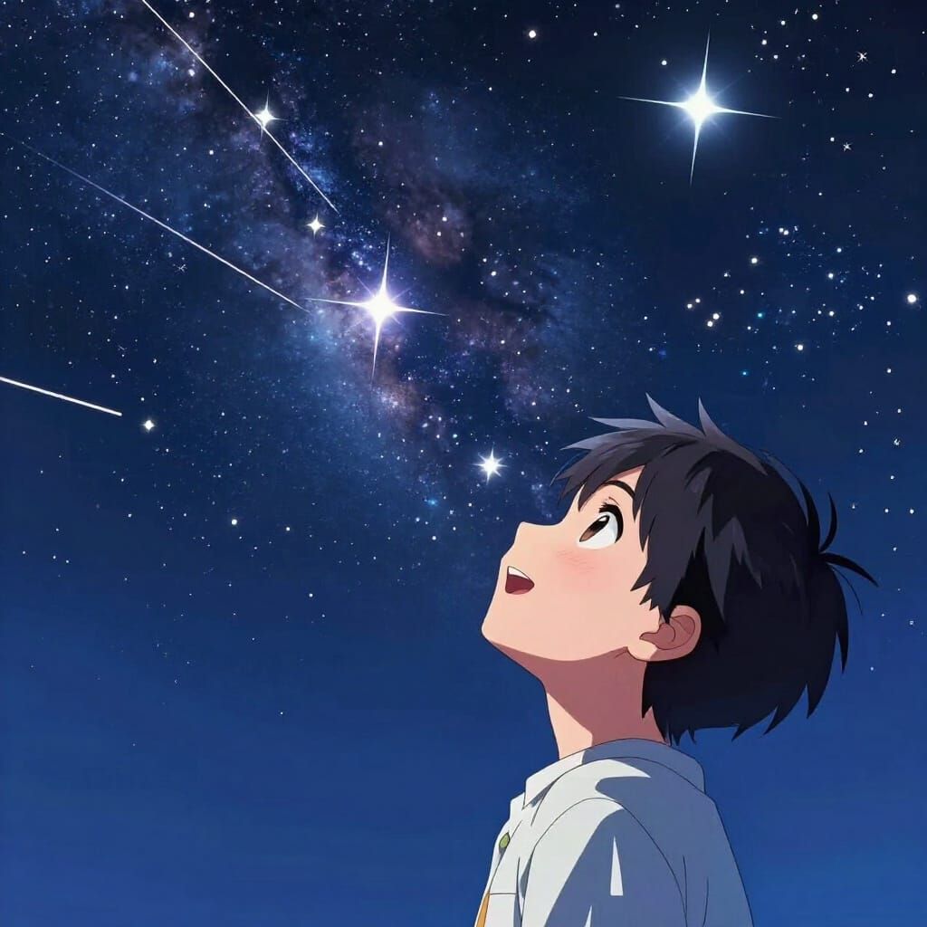 Boy Gazes at Falling Stars in Anime Style