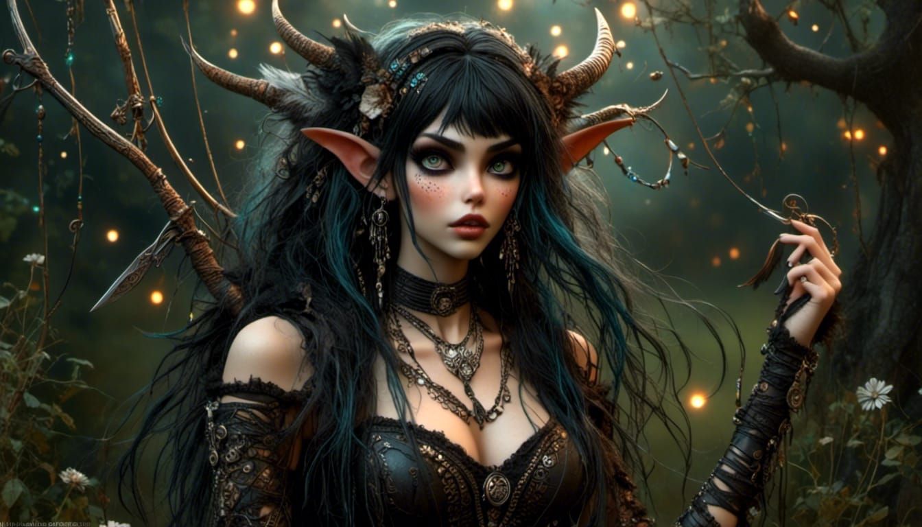 Elven Huntress in Moonlit Meadow, Digital Art