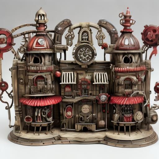 <lora:Pop-Up-Story DSv8:1.0>pop up book, steampunk, vintage funfair, vibrant reds
