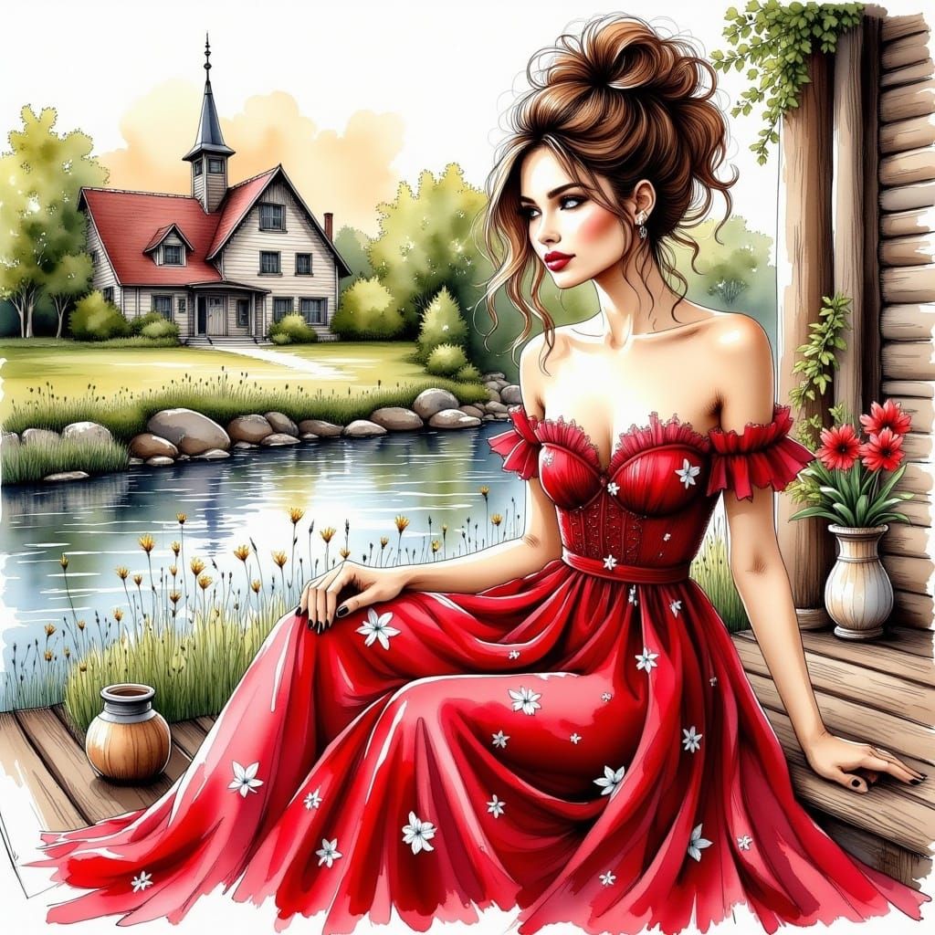 <lora:InkDrrawFlux:1.0> a stunning woman with messy brown bun , wearing a red dress with white dottes, sitting on the porch of a rustic hous...