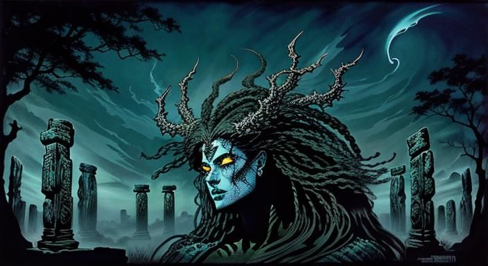Banshee (FEMALE GHOST)  Stonehenge, Scratchboard Ink, Hyperdetailed, WHELAN, FRAZETTA  by @MyChaoticCrayons