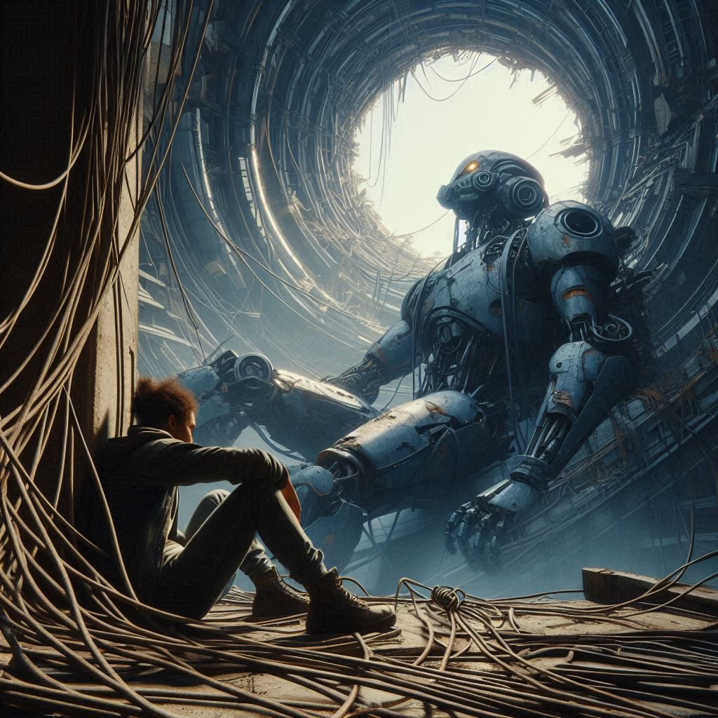 human hiding in tunnel with giant broken robot seeking shelt...