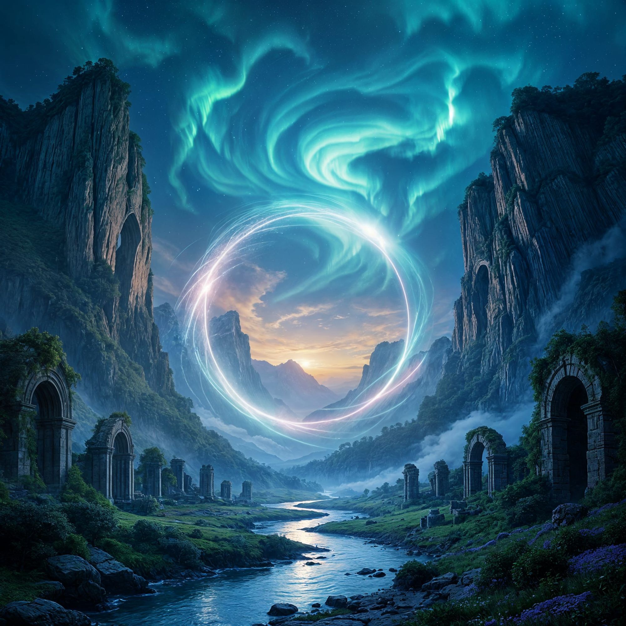 "In the depths of a secluded valley, two towering cliffs frame a colossal circular portal of pure energy. The portal glows with swirling hue...