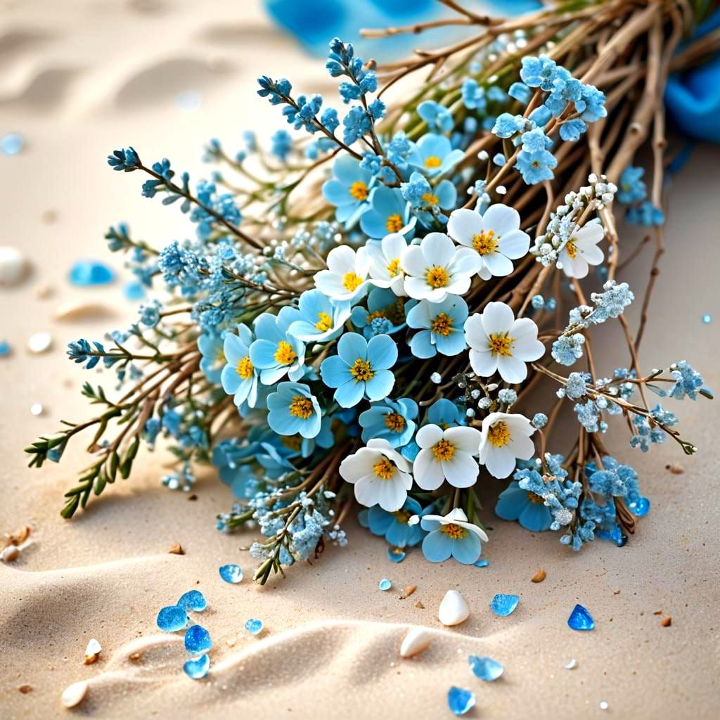 on white sand lies a bouquet