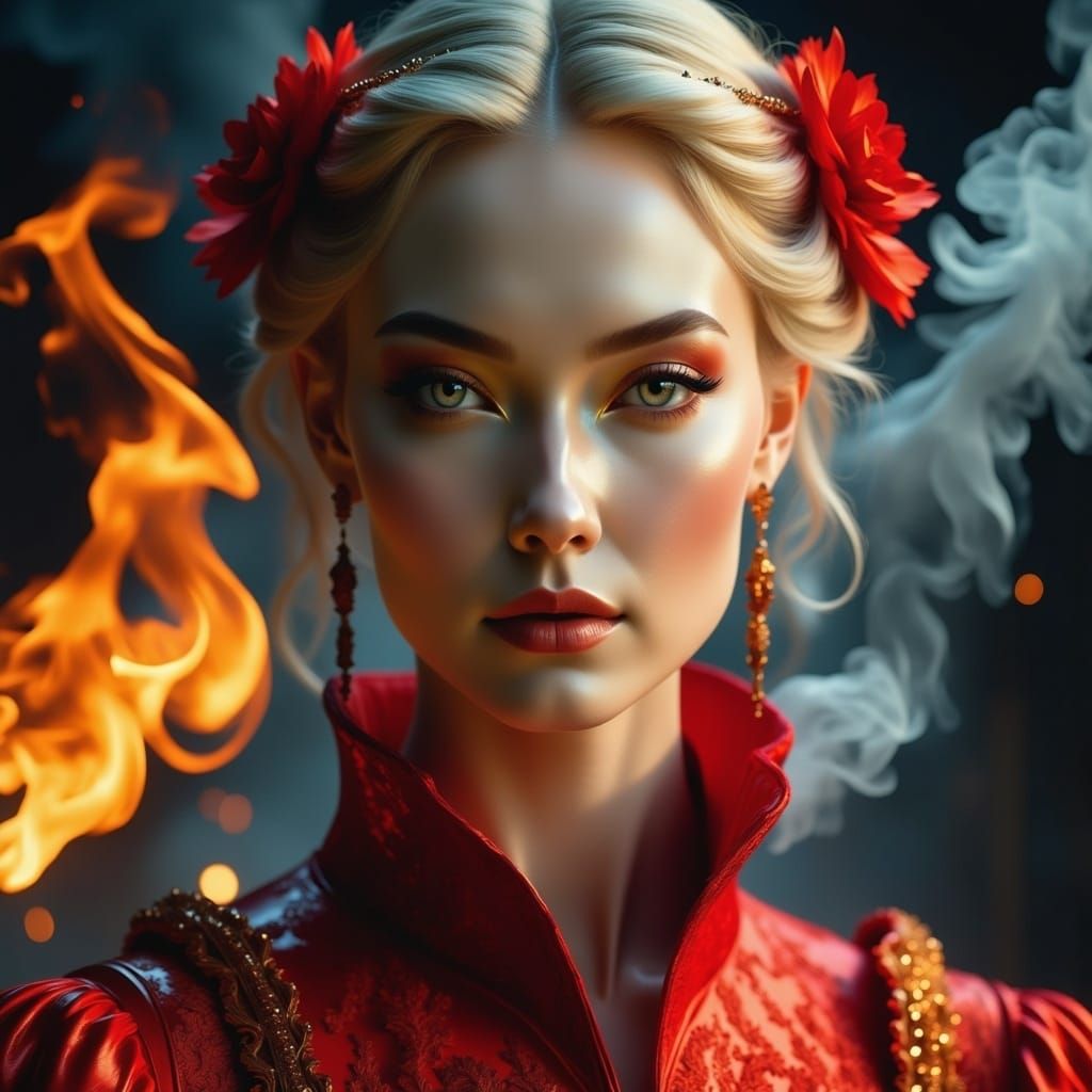 <lora:Made from fire 2:1.0>;  intricate patterns; hyperrealistic beautiful  blonde hair in a bun with strands; extreme close up girl face ;...