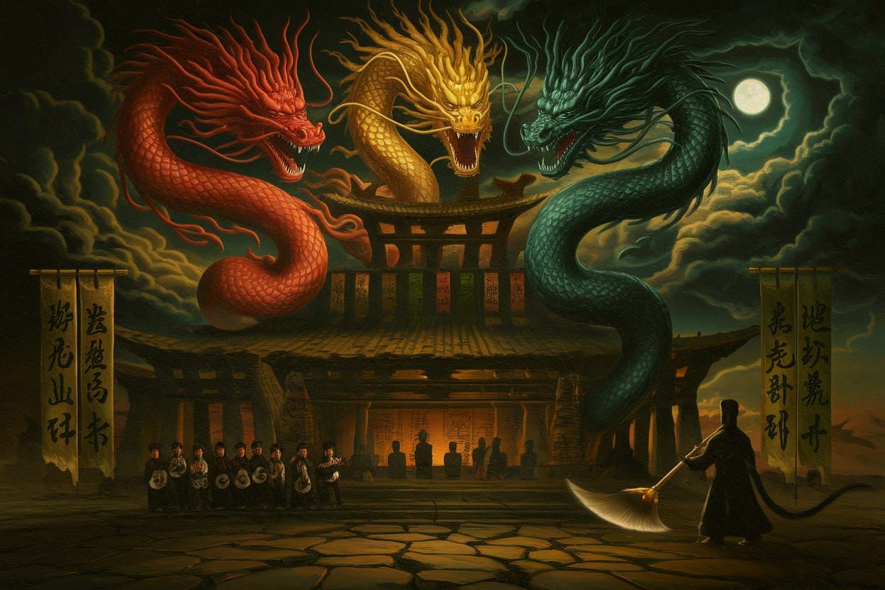 Epic Dragons Form Chinese Character in Tang Dynasty Style