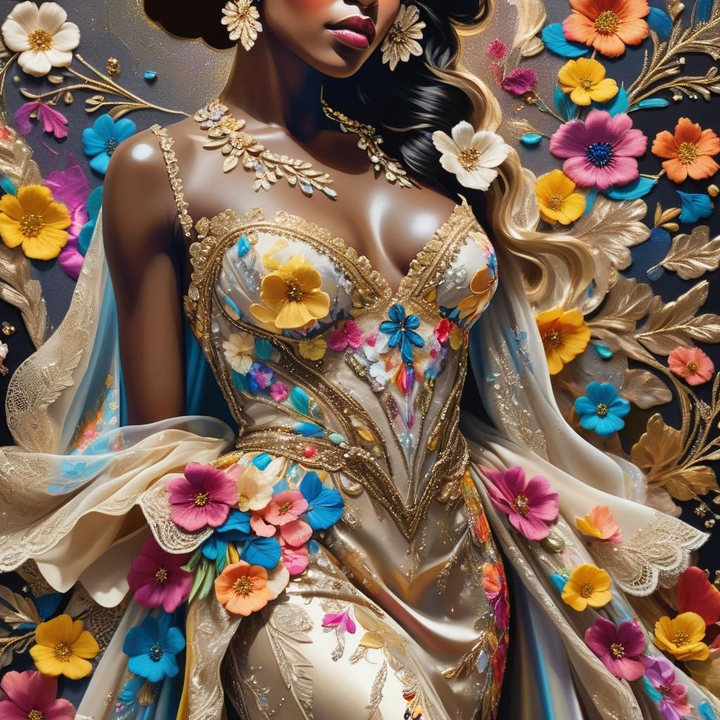 pop art, whimiscal, A lavish, floor-length gown unfurls, ado...