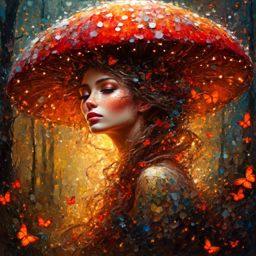 Fairy On A Red With White Dots Mushroom In A Forest. Bright Fireflies 