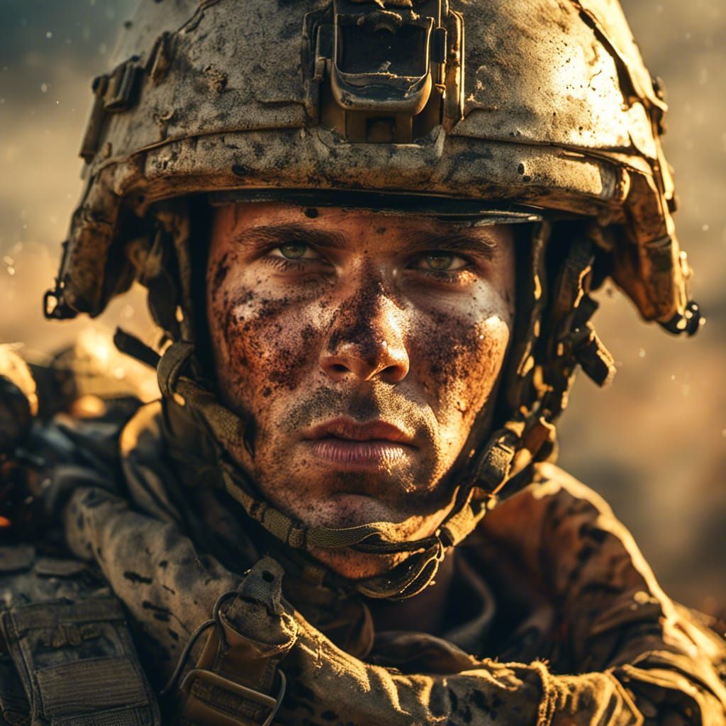 <lora:MJ6 Cinema Close Ups:1.0> A cinematic shot of a US marine, in the style of Alex Alemany, illustration epic scene, close up portrait, v...