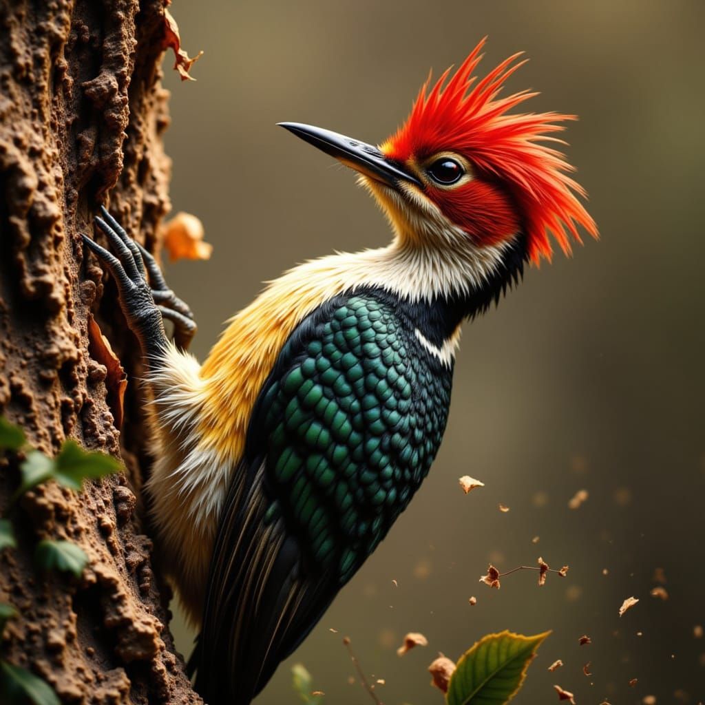 A hyper-detailed wildlife closeup of a woodpecker mid-action, its head cocked to the side as it prepares to strike. The texture of the bark ...