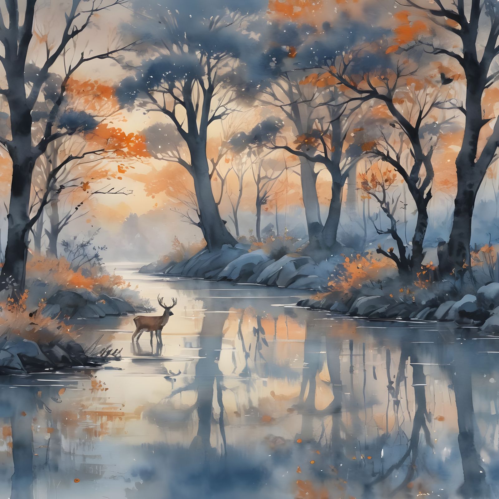 Ink Splatter Art: Deer at River's Edge