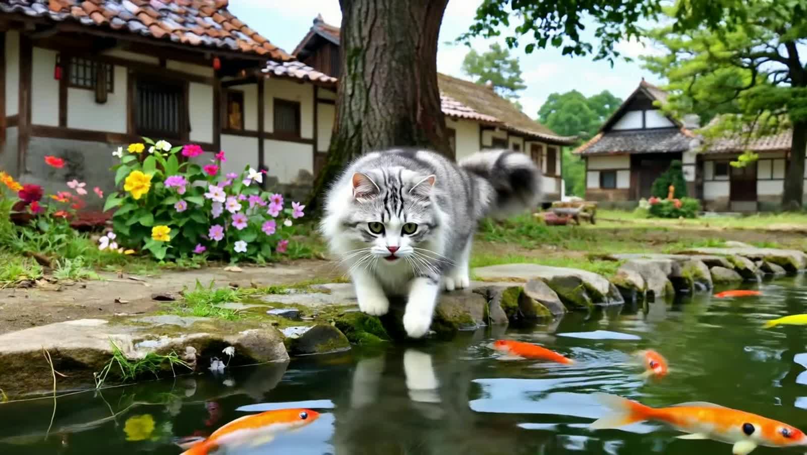 Video of cat catching a fish from pond. The background should be a village with trees, pond and flowers. After catching ...